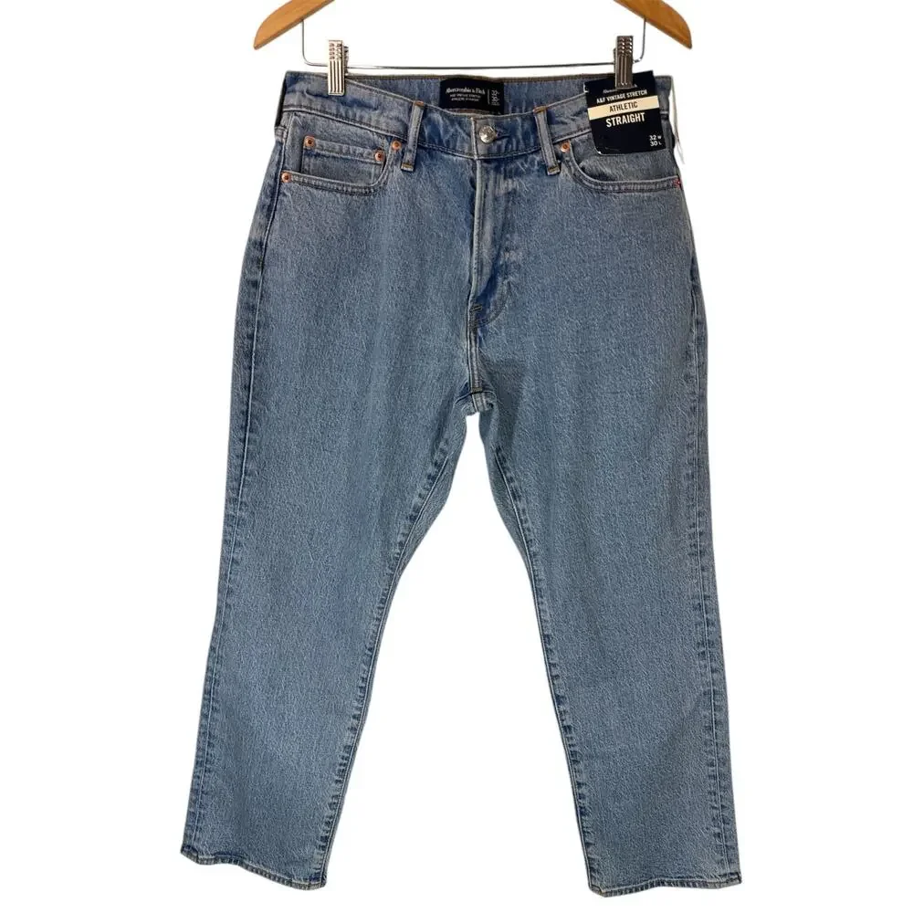 NWT Abercrombie & Fitch Vintage Stretch Athletic Straight Jeans 32x30 Blue Wash